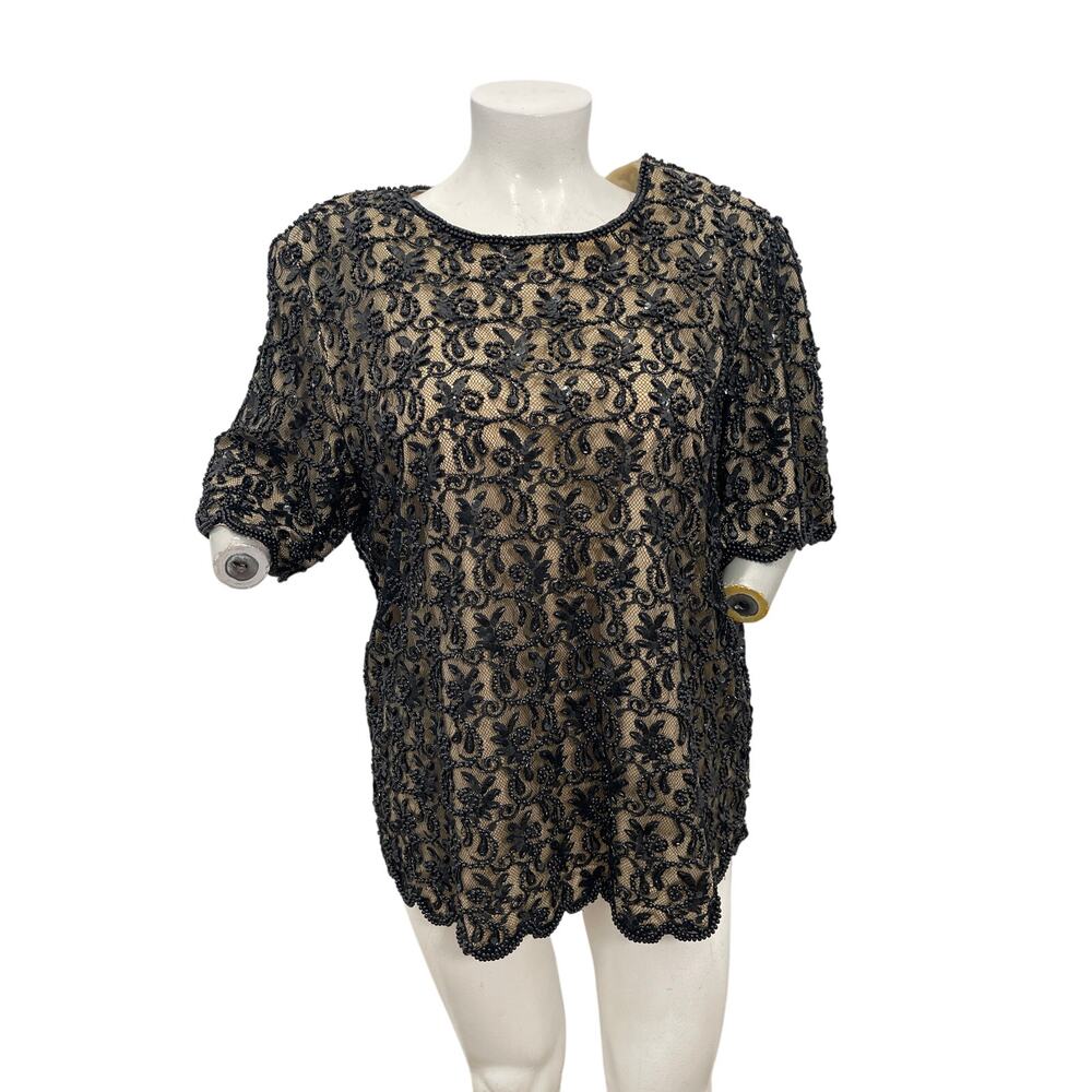 Carina By Barry Lee Vintage black beaded sequined scallop hem top Size 4X